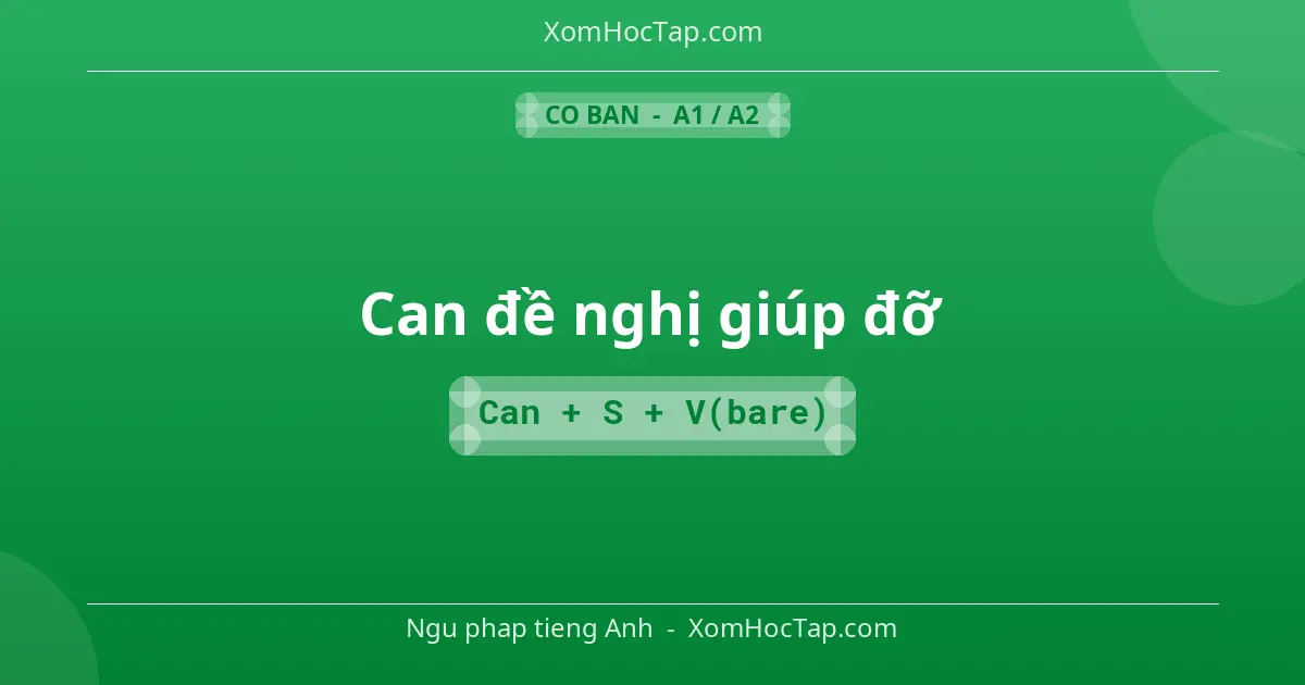 Ngu phap tieng Anh: Can đề nghị giúp đỡ - Cong thuc: Can + S + V(bare)