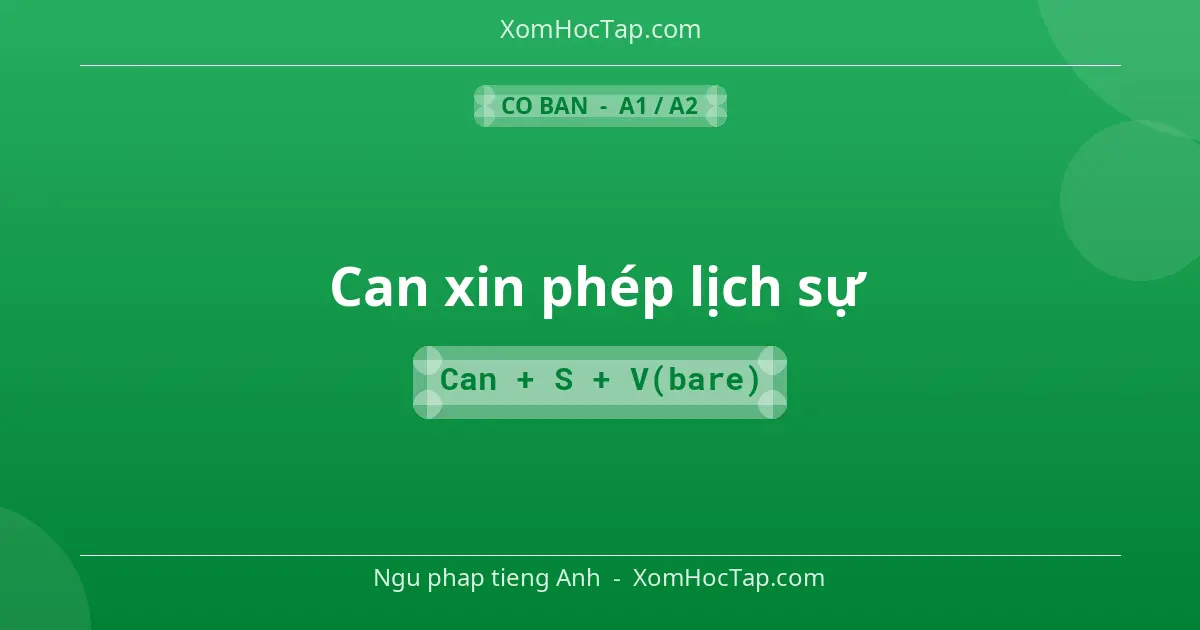 Ngu phap tieng Anh: Can xin phép lịch sự - Cong thuc: Can + S + V(bare)