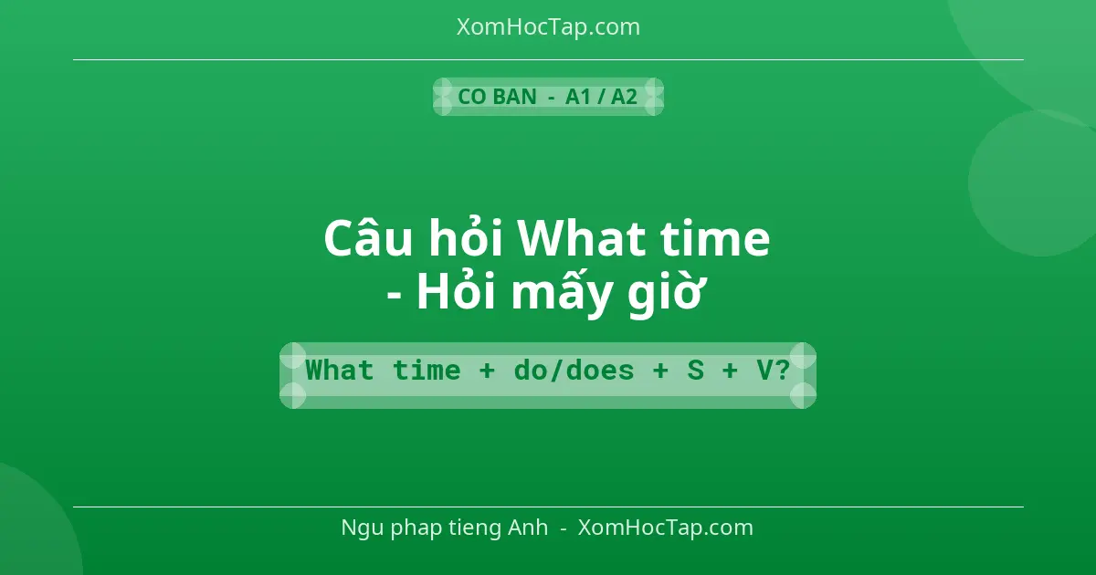Ngu phap tieng Anh: Câu hỏi What time - Hỏi mấy giờ - Cong thuc: What time + do/does + S + V?