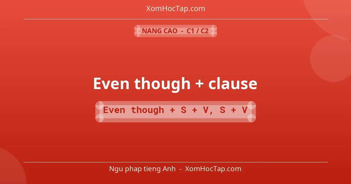 Ngu phap tieng Anh: Even though + clause - Cong thuc: Even though + S + V, S + V