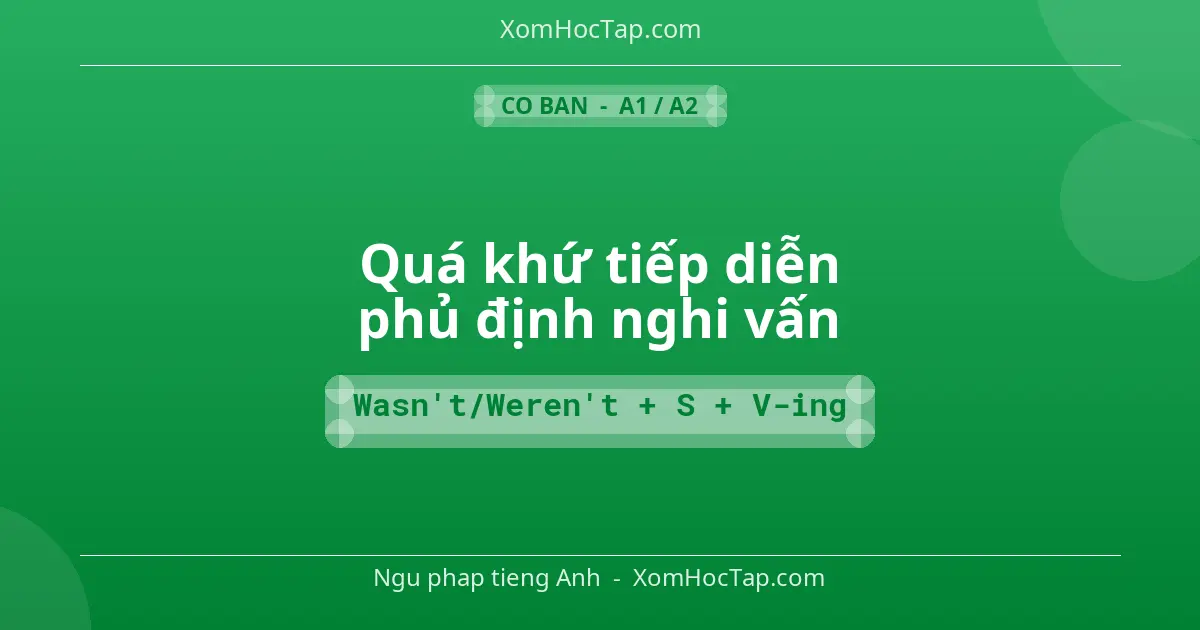Ngu phap tieng Anh: Quá khứ tiếp diễn phủ định nghi vấn - Cong thuc: Wasn't/Weren't + S + V-ing