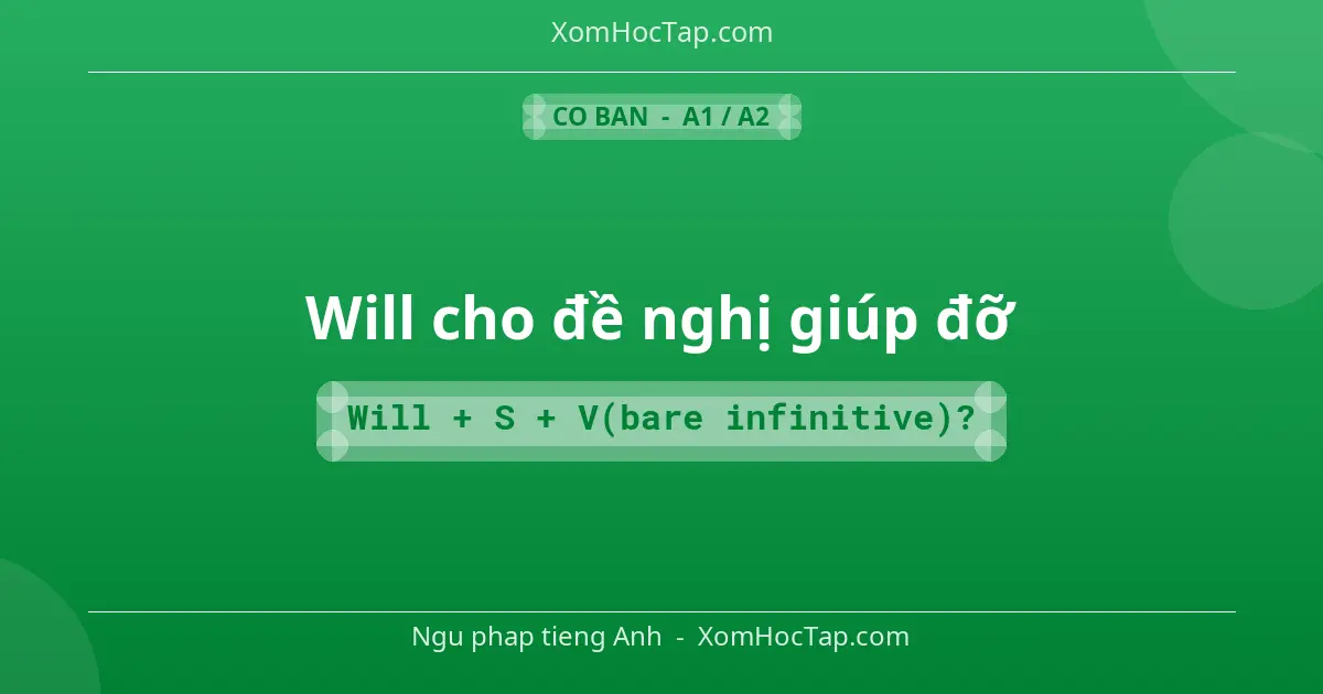 Ngu phap tieng Anh: Will cho đề nghị giúp đỡ - Cong thuc: Will + S + V(bare infinitive)?