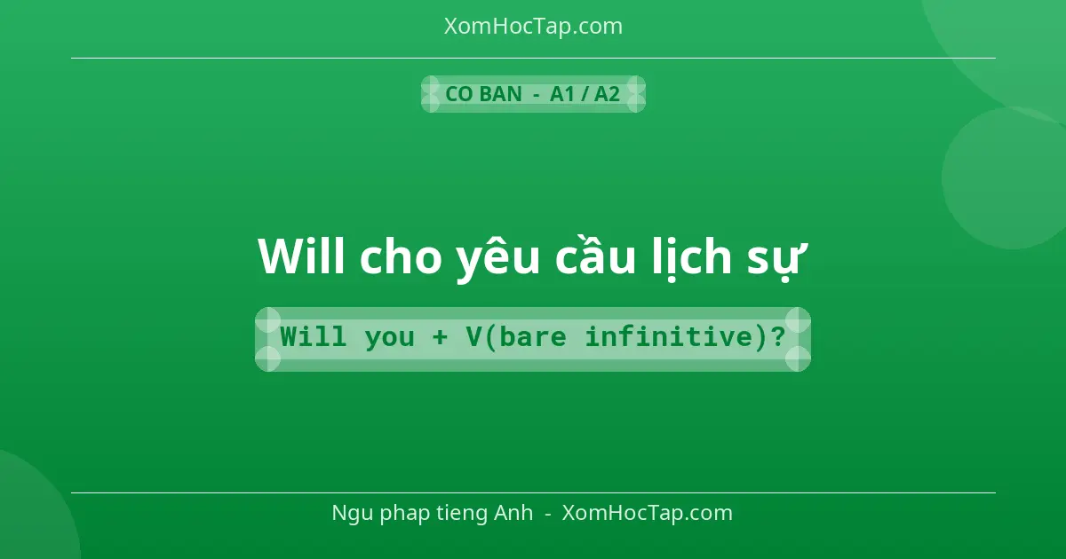 Ngu phap tieng Anh: Will cho yêu cầu lịch sự - Cong thuc: Will you + V(bare infinitive)?